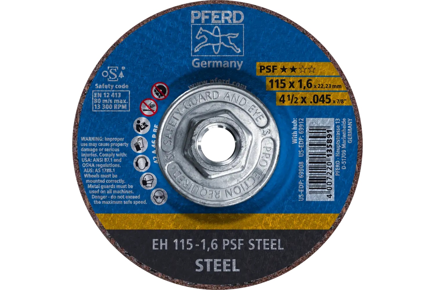 Picture of Pferd Cut-Off Wheel, 4-1/2" X .045 X 5/8-11, Psf Steel, T27, Aluminum Oxide